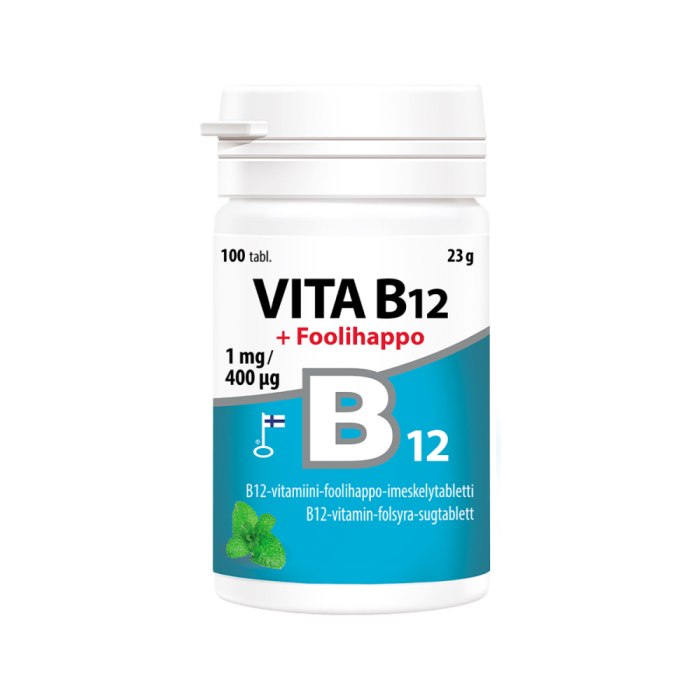 Vita B12 + foolihappo B12-vitamiini 1 mg, foolihappo 400 mikrog 100 tabl kuva 3