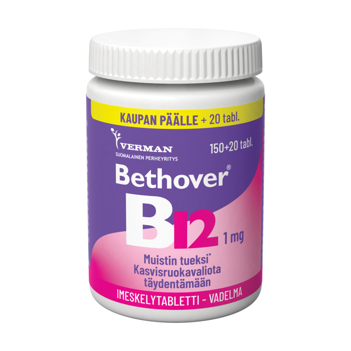 Bethover B12 1 mg Vadelma 150+20 TABL kuva 3