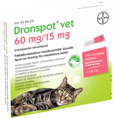 DRONSPOT VET 60/15 mg paikallisvaleluliuos (keskikokoisille kissoille)2x0,7 ml